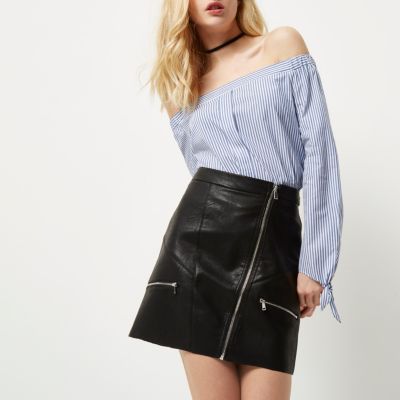 Black zip front A-line mini skirt